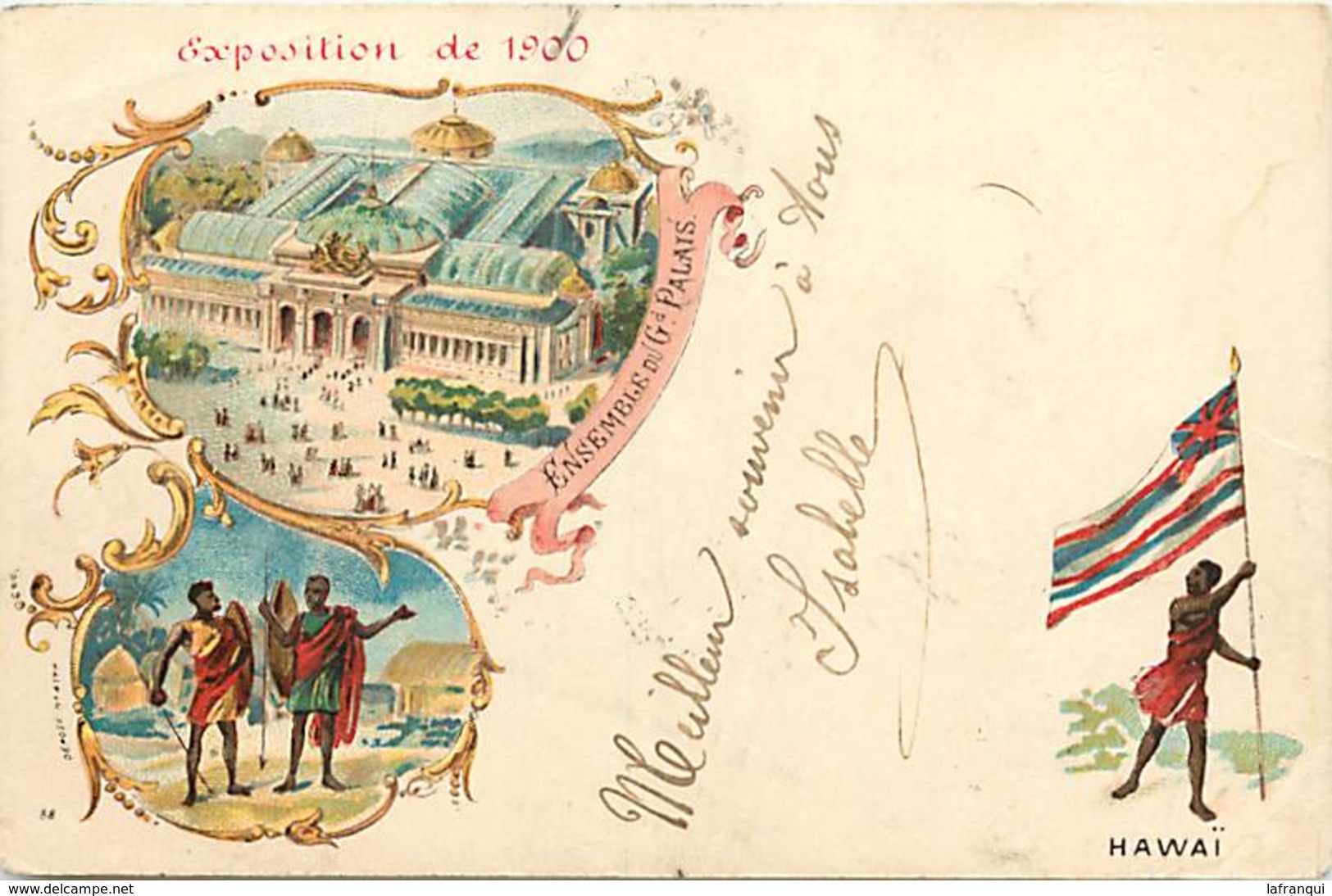 ref R791- exposition universelle de paris  de 1900- dessin illustrateur - hawai -etats unis d amerique -carte bon etat -