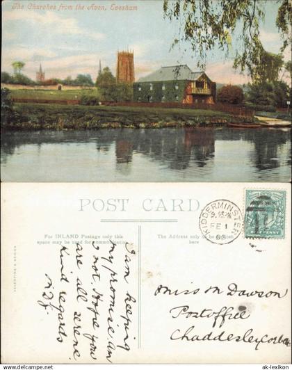 Postcard Evesham The Churches from the Avon, Evesham 1909