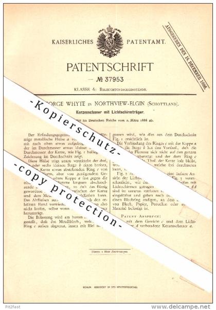 Original Patent - George Whyte in Northview - Elgin / Moray , 1886 , Kerzenschoner , lamp , Scotland !!!