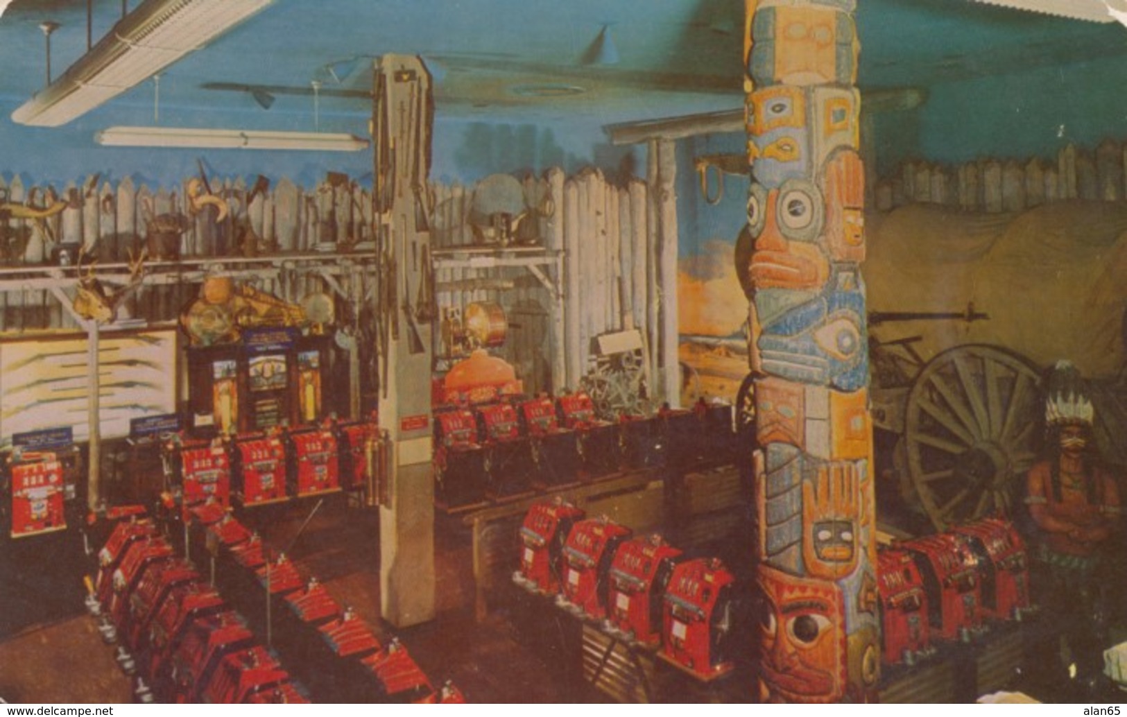 Reno Nevada, Harold's Club Interior View of 'Fort Smith' Totem Pole Old Slot Machines, c1940s/50s Vintage Postcard