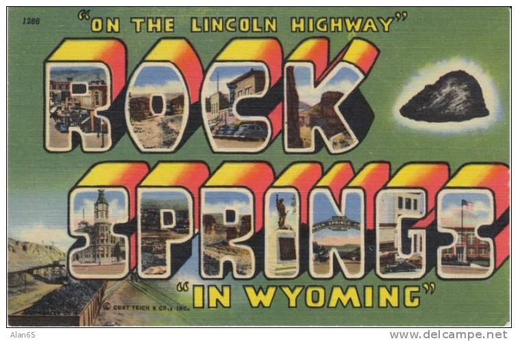 Rock Springs WY Curteich Large Letter Greetings on c1950s Vintage Linen Postcard, Lincoln Highway, Coal