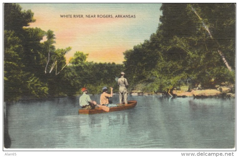 Rogers AR Arkansas, White River Fishing, Men in Boat Fish, c1940s Vintage Linen Postcard