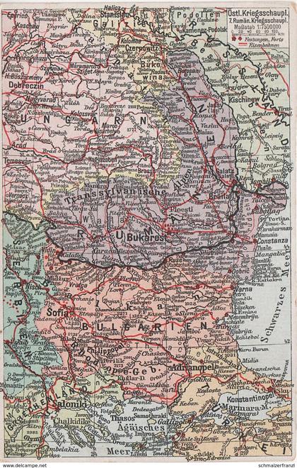 Litho Landkarte AK Östlicher Kriegsschauplatz 7. Rumänien Ungarn Bukowina Galizien Bessarabien Dobrudscha Siebenbürgen