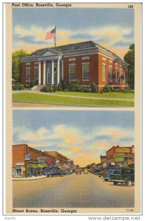 Rossville GA Georgia, Post Office and Main Street Scene, c1930s/40s Vintage Linen Postcard