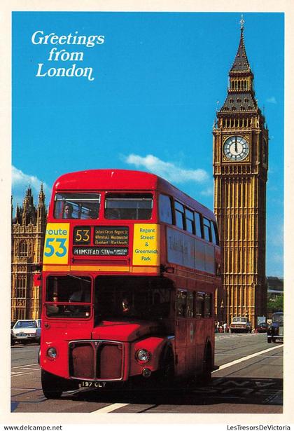 ROYAUME-UNI - Greeting from London - London - Big Ben - Bus - vue sur la tour - Carte Postale