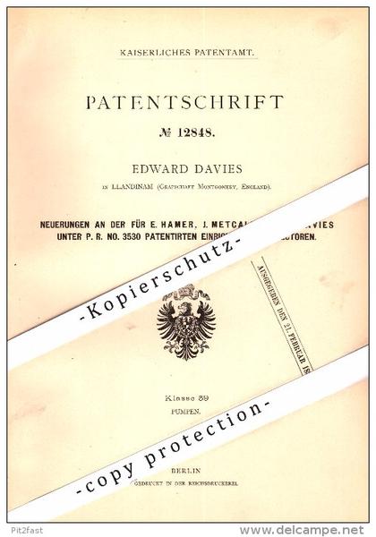 Original Patent - Edward Davies in Llandinam / Powys , Montgomery , 1880 , Injectors for pumps , Llanidloes , Newtown !!