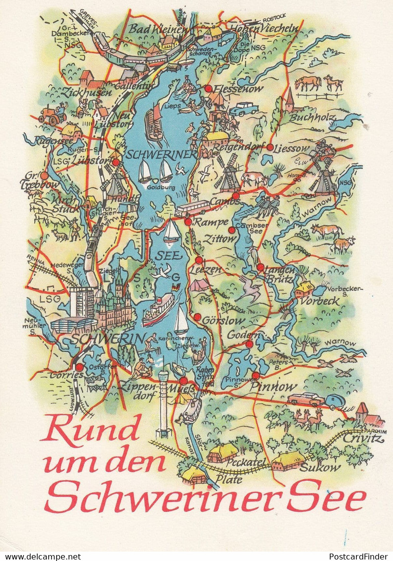 Rund Um Den Schweriner See Schwerin Pinnow Crivitz German Karte Map Postcard