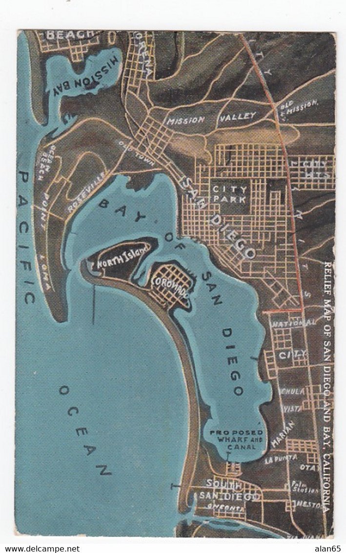 San Diego California, Map of San Diego Bay c1920s Vintage Postcard