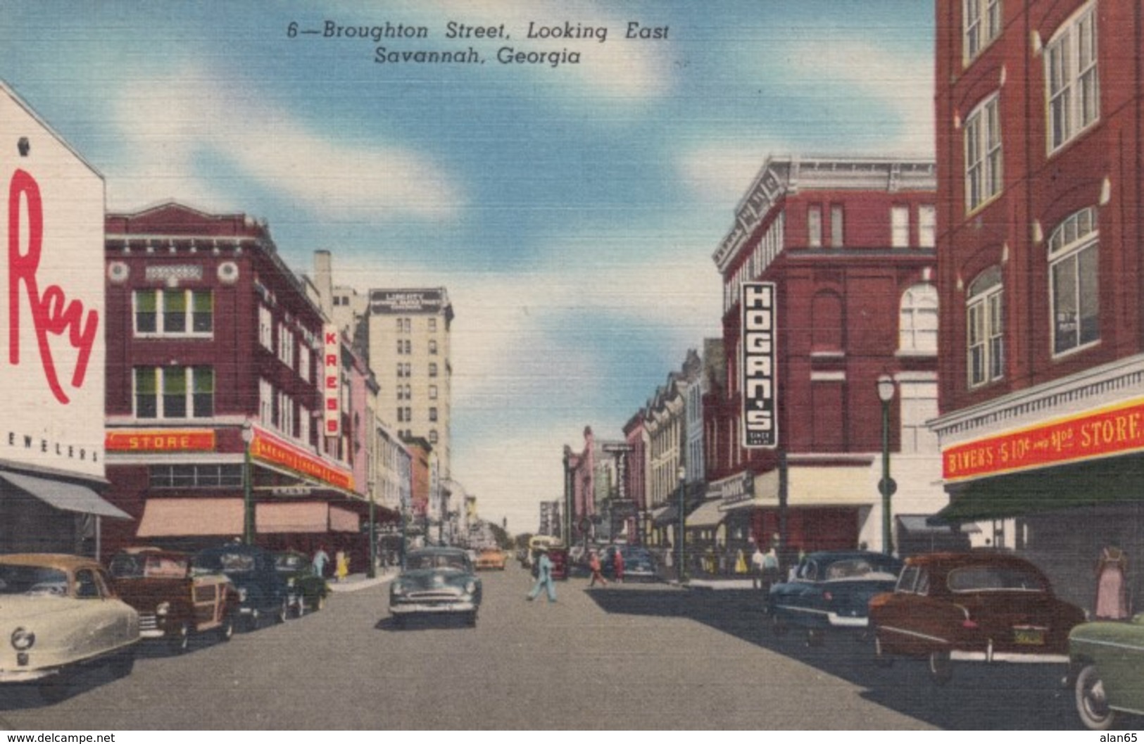 Savannah Georgia, Broughton Street Scene, Autos Business Signs, c1950s Vintage Curteich Linen Postcard