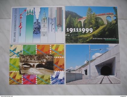 Lot de 4 cartes, Journée du timbre 2002 Lyss, 2006 Olten, Ouverture de la ligne Vereina, et Tunnel de base du Lötschberg