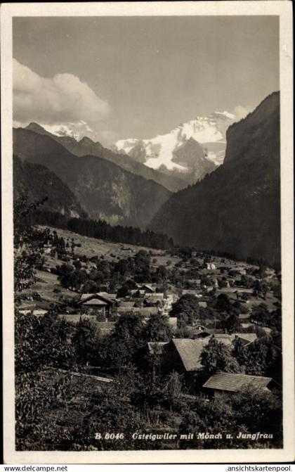 CPA Gsteigwiler Kanton Bern Schweiz, Kirche Gsteig, Gesamtansicht, Mönch, Jungfrau