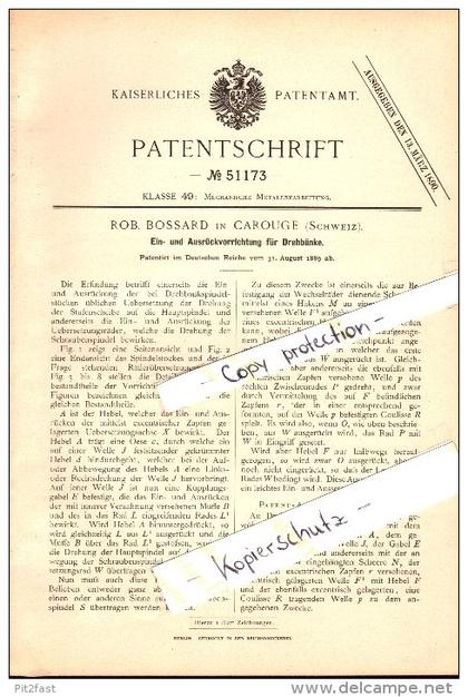 Original Patent - R. Bossard in Carouge b. Genf , 1889 , Ausrückvorrichtung für Drehbank , Metallbau !!!