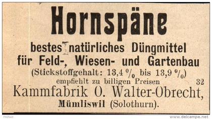 original Werbung - 1911 - Hornspäne , Kammfabrik O. Walter-Obrecht , Mümliswil b. Solothurn , Mümliswil-Ramiswil !!!