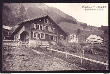 1916 AK mit Wirtshaus Gisler in Riemenstalden nach Basel gelaufen. Stempel SISKON und RIEMENSTALDEN. 2 kleine Flecken