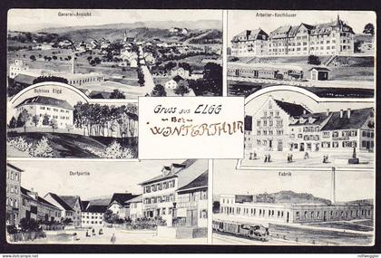 1912 mit Feldpost gelaufene AK: Gruss aus Elgg. 6 bildrig. Mit Eisenbahn Fabrik, Gasthaus ...