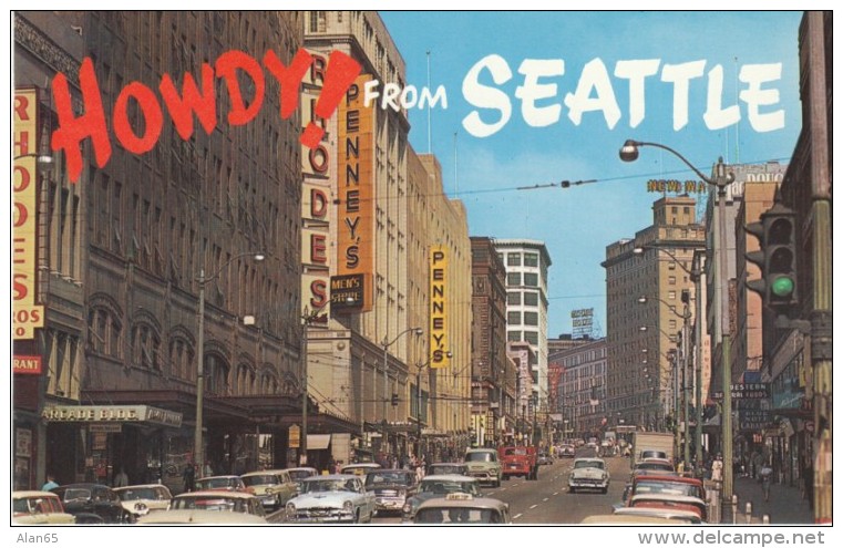 Seattle WA Washington, Street Scene, Autos, c1950s Vintage Postcard