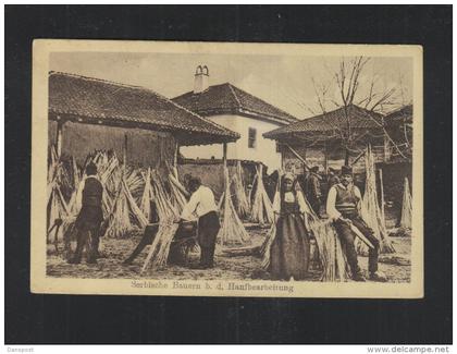 Serbia PPC Peasants Beating Flax 1917