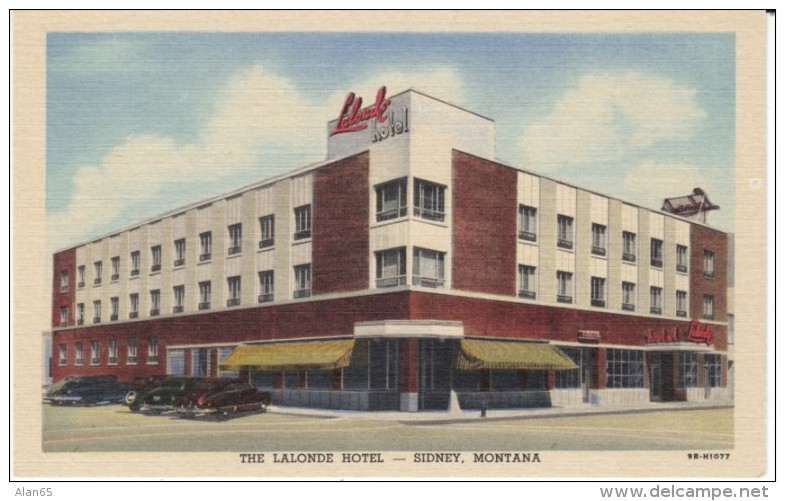 Sidney MT Montana, Lalonde Hotel, Auto, c1940s Vintage Curteich Linen Postcard