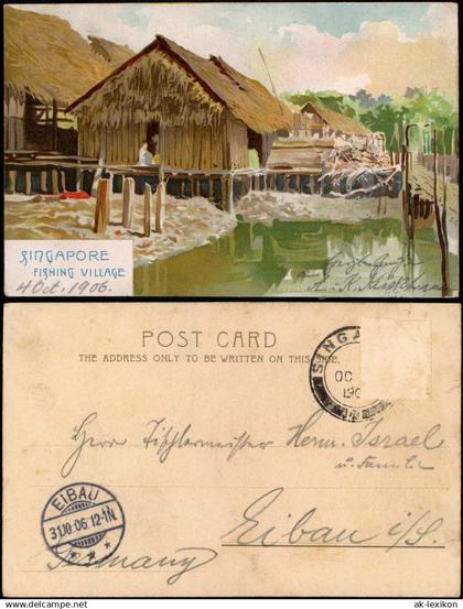 Postcard Singapur FISHING VILLAGE (Künstlerkarte Art Postcard) 1906