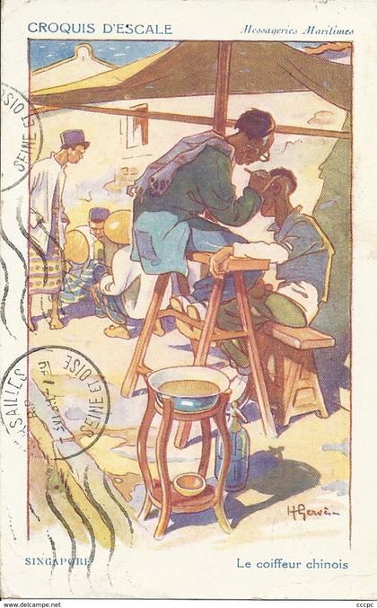 CPA Singapour Illustrateur H. Gervèse - Le Coiffeur Chinois - Croquis d'Escale Messageries Maritimes