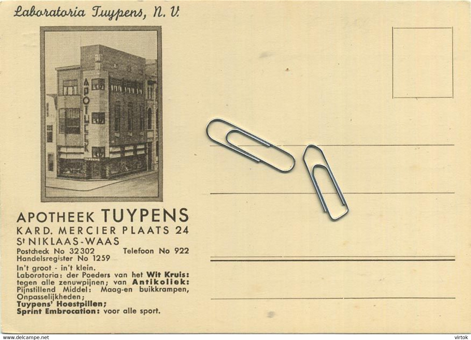 Sint Niklaas :  apotheek  TUYPENS  (  15 x 10.5 cm )