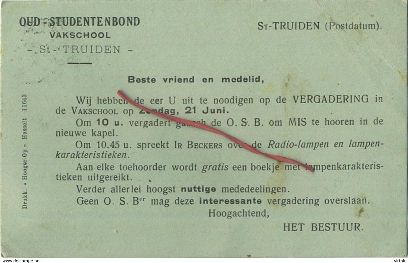 Sint-Truiden : oud sudentenbond vakschool  ( kaart is geschreven met zegel )