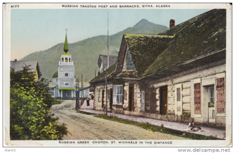 Sitka AK Alaska, Russian Trading Post Barracks Russian Greek Church St. Michaels, c1910s Vintage Postcard