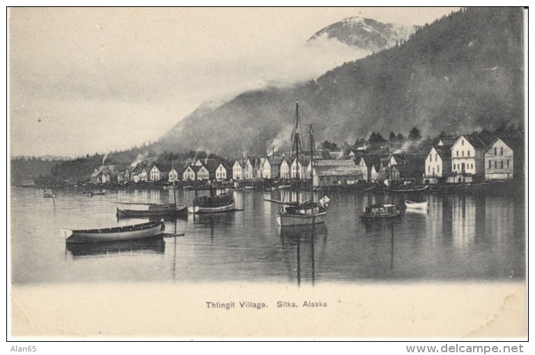 Sitka AK Alaska, Thlingit Village Tlingit, Harbor Scene, Boats Wharf, c1900s Vintage Postcard