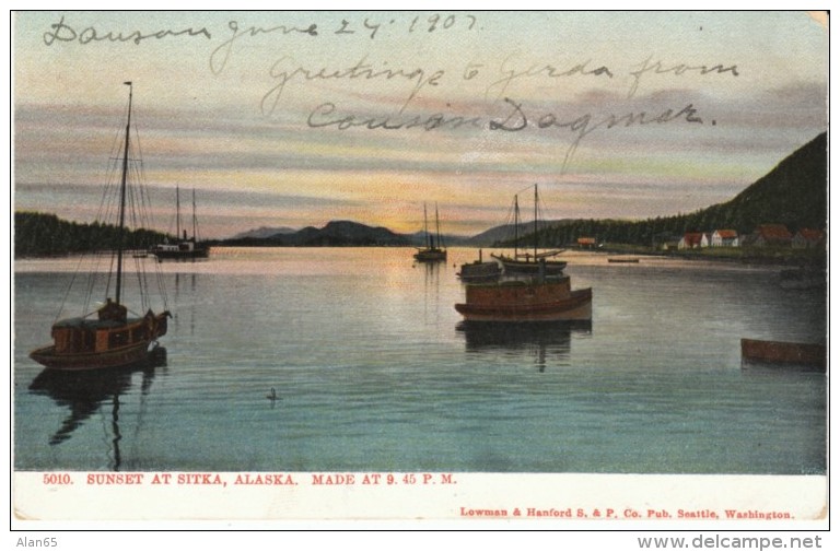 Sitka Alaska Harbor Scene Boats 9:45 PM Sunset, c1900s Vintage Postcard