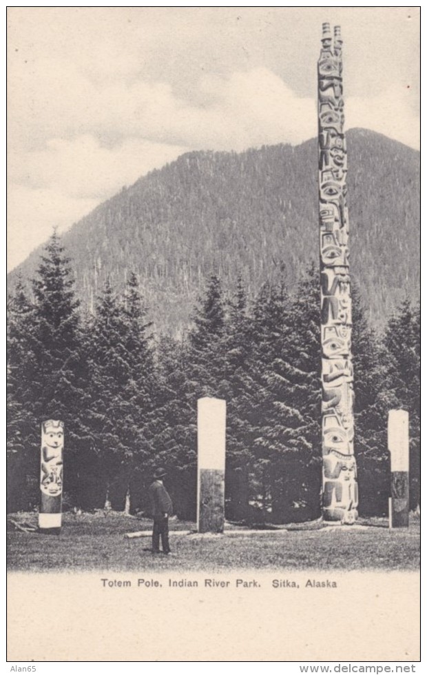 Sitka Alaska, Totem Poles Indian River Park, Native Art, c1900s Vintage Postcard