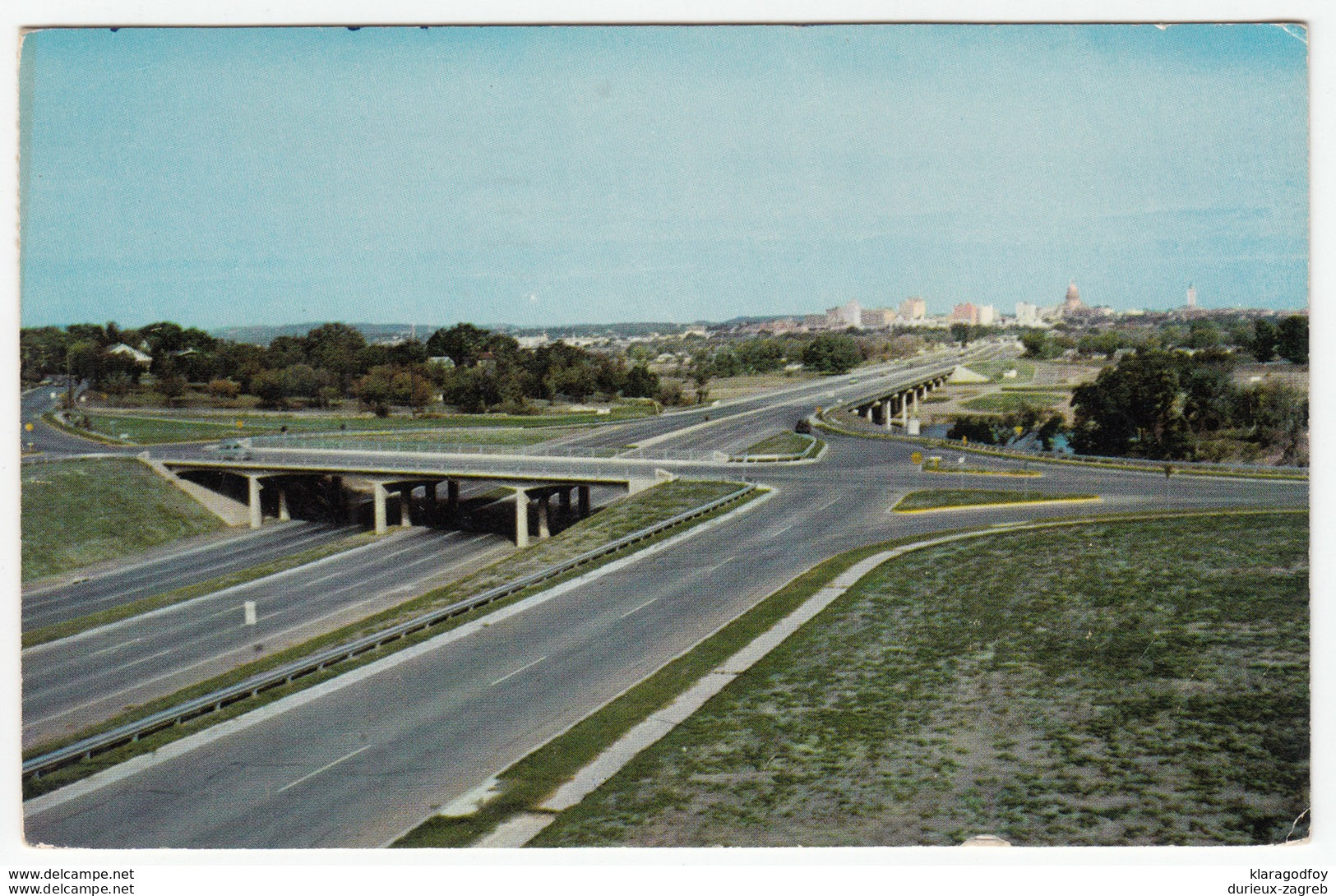 Skyline view of Austin, overpass at Riverside Drive old postcard travelled 1961 Bellaire (Tex) Pmk b170720