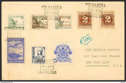 España. Canarias. sobre  34/36. 1937. Serie completa. LAS PALMAS a NUEVA YORK (