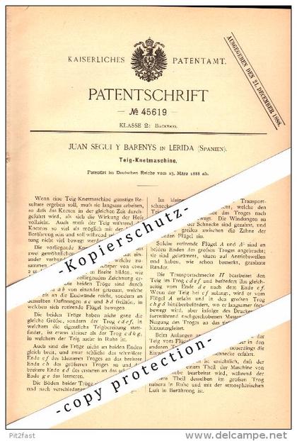 Original Patent - Juan Segui y Barenys en Lerida / Lleida , 1888 , Mezclador de masa para la pasta , panadería !!!