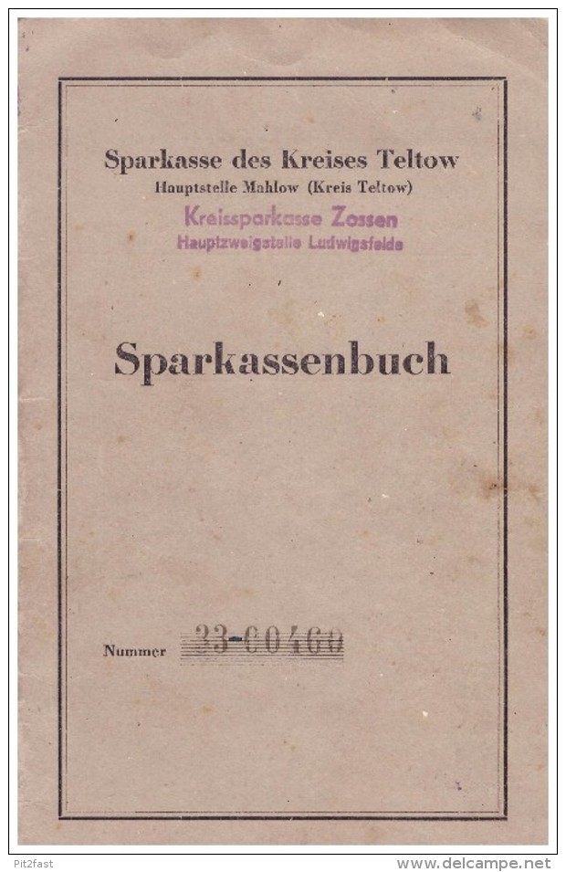 Sparbuch der Sparkasse Ludwigsfelde / Teltow , 1949-60 , Agnes Steging , geb. Günther , Zossen , Bank !!!