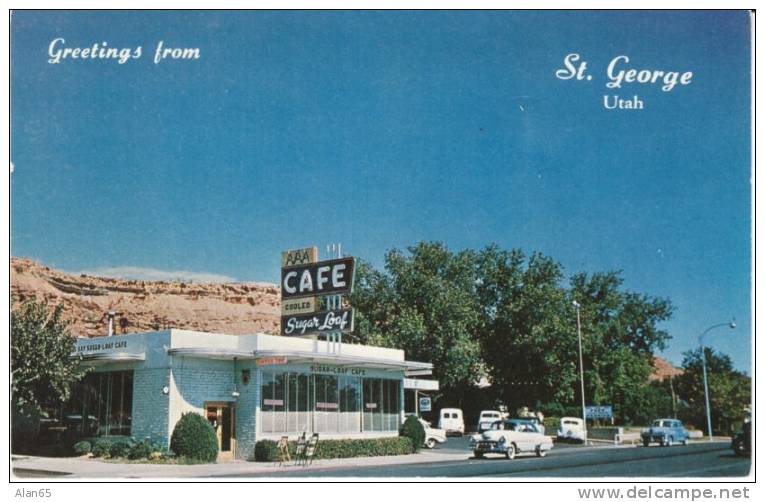 St. George UT Utah, Auto, Business Signs, Sugar Loaf AAA Cafe, c1950s Vintage Postcard