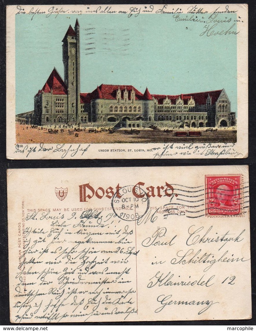 ST LOUIS - MO - MISSOURI / 1908 UNION STATION PPC TO SCHILTIGHEIM - GERMANY (ref LE1972)