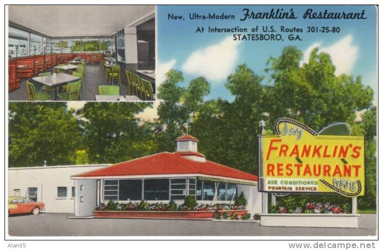 Statesboro GA Georgia, Franklin's Restaurant Roadside Dining on c1950s Vintage Postcard