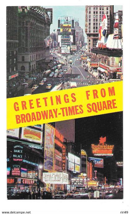 cpa, ETATS UNIS-NEWYORK, GREETINS FROM BROADWAY-TIME SQUARE- A DAY AND NIGHT ... dos vierge et divisé,