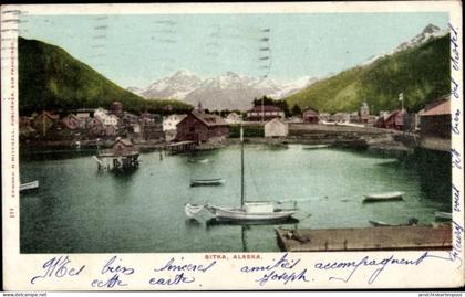 CPA Sitka Alaska USA, Blick auf den Ort, Hafen, Boote