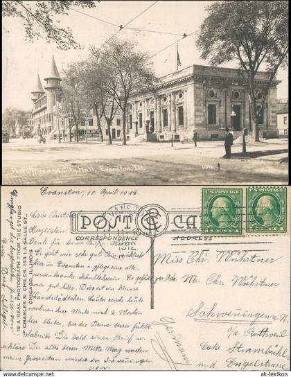 Postcard Evanston (Illinois) Street Postoffice/Straße Post 1912