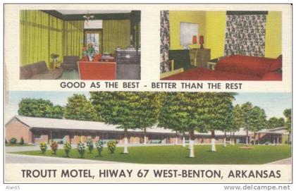 West Benton AR Arkansas, Troutt Motel Lodging, Great Interior Views, c1940s/50s Vintage Linen Postcard