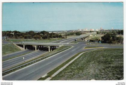 Skyline view of Austin, overpass at Riverside Drive old postcard travelled 1961 Bellaire (Tex) Pmk b170720