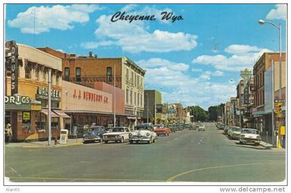 Cheyenne WY Wyoming, Street Scene, Drug Store, Stores, Autos, c1950s/60s Vintage Postcard