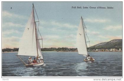 Coeur d'Alene ID Idaho, Sail Boats on Lake, c1940s Vintage Linen Postcard