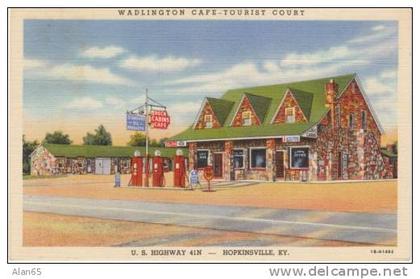 Hopkinsville KY Kentucky, Wadlington Cafe Tourist Court Gas Station, Roadside, c1940s Vintage Curteich Linen Postcard