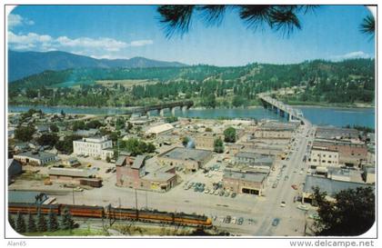 Bonners Ferry ID Idaho, View of Downtown, Train Railroad, Kootenai River, c1950s Vintage Postcard