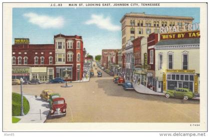 Johnson City TN Tennessee, Main Street Scene, Drug Store Sign, Shoe Store, c1930s/40s Vintage Postcard