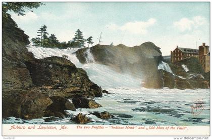 ( CPA ÉTATS UNIS )  AUBURN AND LEWISTON  /  The two Profiles - " Indians Head " and,, Old Man of the Falls ".  -