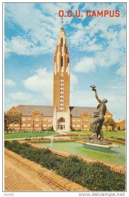 Oklahoma City University OK Oklahoma, Campus View, Statue Architecture, on c1960s Vintage Postcard