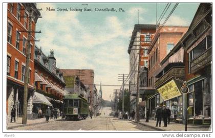 Connellsville PA Main Street Scene, Street Car, Business Signs, on 1900s/10s Vintage Postcard